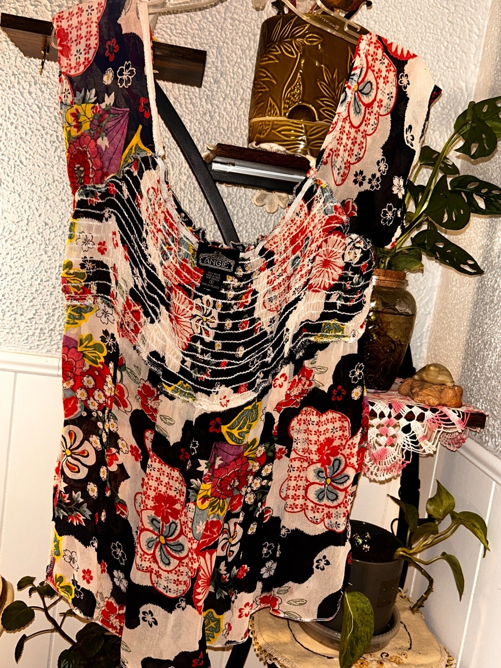 Angie brand tank top, smoked bodice patchwork print flowy, Size small